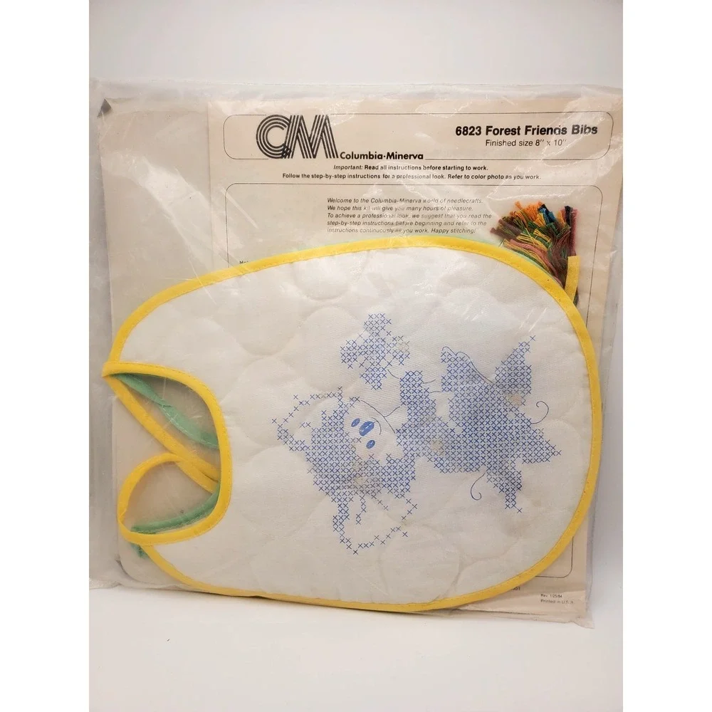 Vintage 1980 Columbia Minerva Forest Friends Baby Bib Cross Stitch Kit SEALED